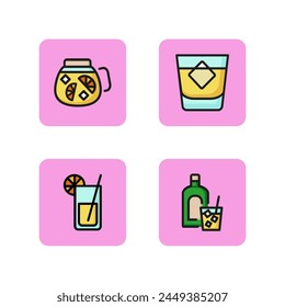 Different drinks line icon set. Alcohol and non-alcohol products. Fruit tea, cocktails and whiskey. Lounge concept. Can be used to topics like bar and restaurant