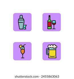 Conjunto de iconos de línea de bebidas diferentes. Vino tinto, cócteles, cerveza y coctelera. Camarero preparando bebidas alcohólicas. Fiesta y concepto de vida nocturna. Ilustración vectorial para el Diseño web