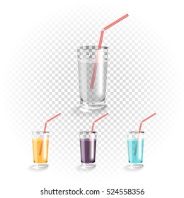 Bebidas diferentes en un juego de vidrio transparente
