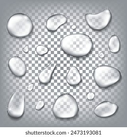 Different drops of water on a transparent background. Vector illustration