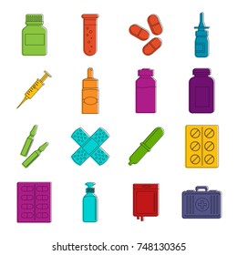 Different drugs icons set. Doodle illustration of vector icons isolated on white background for any web design