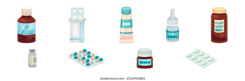 Different Drugs and Medicine with Tablet and Pills in Vial and Blister Pack Vector Set