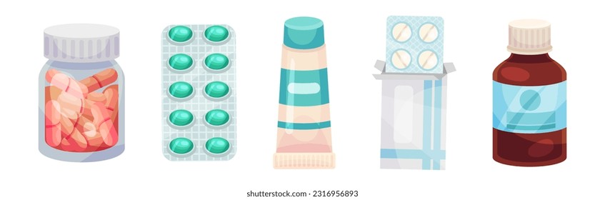 Different Drugs and Medicine with Tablet and Pills in Vial and Blister Pack Vector Set