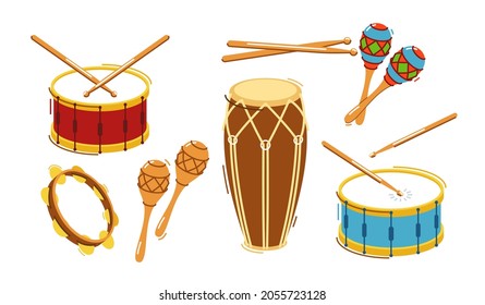 Diferentes tambores y percusión grandes conjuntos de ilustraciones planas vectoriales aisladas sobre fondo blanco, tienda de instrumentos musicales.