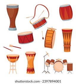 Diferentes tambores y percusión grandes conjuntos de ilustraciones planas vectoriales aisladas sobre fondo blanco, taller de instrumentos musicales