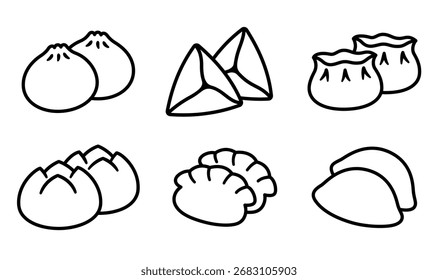 Different dumplings and buns hand drawn doodle set. Black and white drawing, vector line icons. Traditional Chinese food, Asian cuisine.