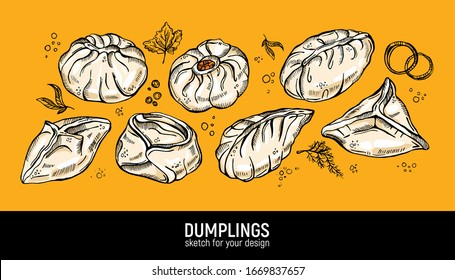 Diferentes tipos de maniquíes. Manty, dumplings, pianse y buzy. Esbozo vectorial de dibujo manual. 