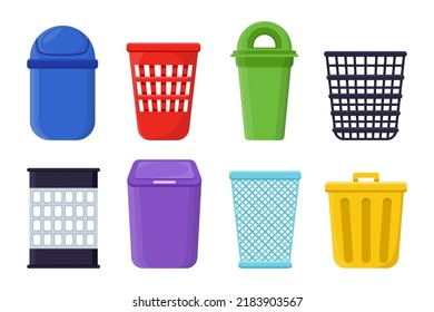 Different dustbin for office or home vector illustrations set. Collection of cartoon drawings of open and closed trash bins or wastebaskets, baskets for trash bags. Interior, garbage concept