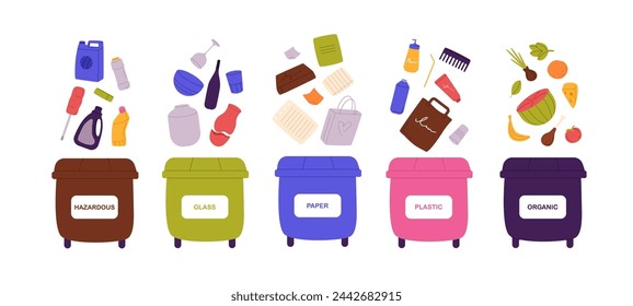 Different dustbins, containers for recycle set. Garbage sorting, trash separation, rubbish segregation concept. Dumpsters for plastic, glass, organic wastes. Flat isolated vector illustration on white