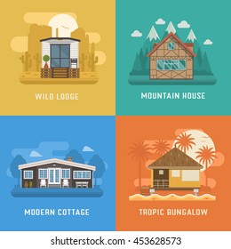 Different Dwelling Set. Modern Apartment At Rural Area, Tropic Bungalow, Mountain Chalet House At Park And Wild Lodge. Vector Home Poster Collection. House And Apartments Set For Booking And Rent.