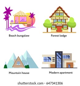 Different dwelling set. Modern apartment , tropic bungalow, mountain house and forest longe. Vector home poster collection. House and apartments set for booking and rent.