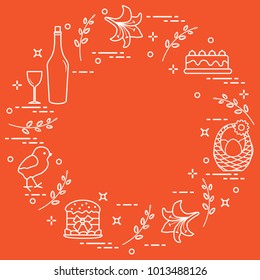 Different Easter symbols arranged in a circle: simnel cake, chick, lily, baskets, eggs and other. Design for banner, poster or print. 