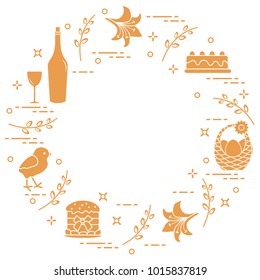 Different Easter symbols arranged in a circle: simnel cake, chick, lily, baskets, eggs and other. Design for banner, poster or print. 