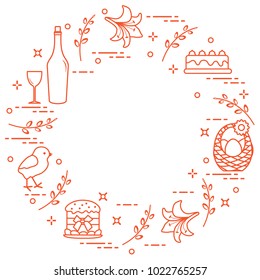 Different Easter symbols arranged in a circle: simnel cake, chick, lily, baskets, eggs and other. Design for banner, poster or print. 