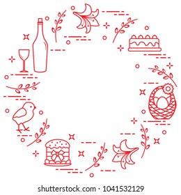 Different Easter symbols arranged in a circle: simnel cake, chick, lily, baskets, eggs and other. Design for banner, poster or print. 