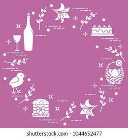 Different Easter symbols arranged in a circle: simnel cake, chick, lily, baskets, eggs and other. Design for banner, poster or print. 