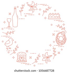 Different Easter symbols arranged in a circle: simnel cake, chick, lily, baskets, eggs and other. Design for banner, poster or print. 