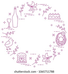 Different Easter symbols arranged in a circle: simnel cake, chick, lily, baskets, eggs and other. Design for banner, poster or print. 