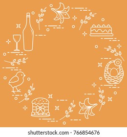 Different Easter symbols arranged in a circle: simnel cake, chick, lily, baskets, eggs and other. Design for banner, poster or print. 