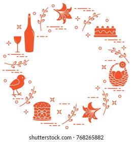 Different Easter symbols arranged in a circle: simnel cake, chick, lily, baskets, eggs and other. Design for banner, poster or print. 