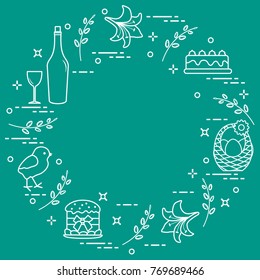 Different Easter symbols arranged in a circle: simnel cake, chick, lily, baskets, eggs and other. Design for banner, poster or print. 
