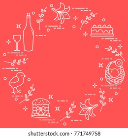 Different Easter symbols arranged in a circle: simnel cake, chick, lily, baskets, eggs and other. Design for banner, poster or print. 