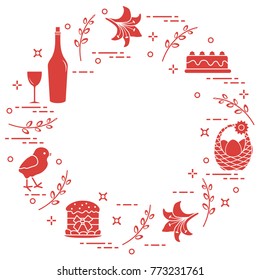 Different Easter symbols arranged in a circle: simnel cake, chick, lily, baskets, eggs and other. Design for banner, poster or print. 