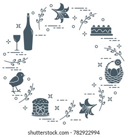 Different Easter symbols arranged in a circle: simnel cake, chick, lily, baskets, eggs and other. Design for banner, poster or print. 