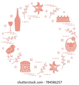 Different Easter symbols arranged in a circle: simnel cake, chick, lily, baskets, eggs and other. Design for banner, poster or print. 