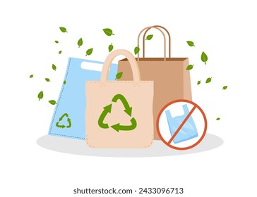 Different eco-friendly bags and packages with recycle sign. Vector illustration. Plastic bag in ban circle. Plastic-free, recycling concept