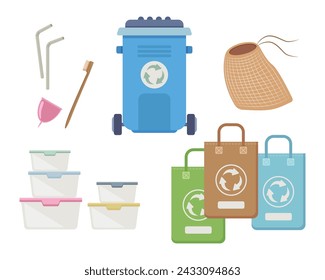 Different eco-friendly packages, containers, recycling bin vector set. Zero waste lifestyle concept