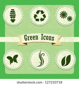 Different eco-labels to mark a product or service. Vintage background