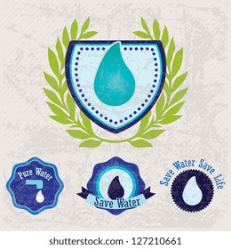 Different eco-labels (Save Water) to mark a product or service. Vintage background