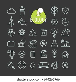 Different ecology icons vector collection. Web and mobile app outline icons set on dark background