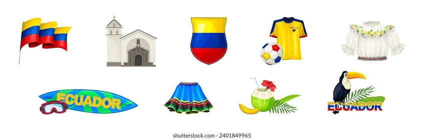 Different Ecuador Objects and National Symbols Vector Set