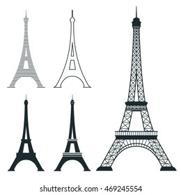 Different eiffel tower vector landmark set. French architecture monument, famous romantic place illustration