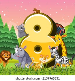 Diferentes ocho animales anexados a la ilustración número ocho