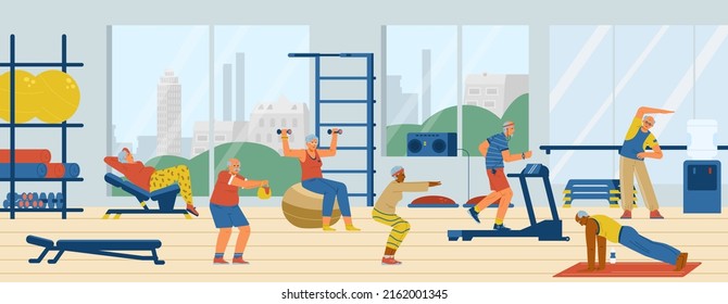 Different elderly people doing exercises in the gym flat vector illustration. Active retirement.