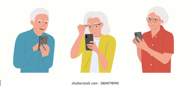 Different elderly people look into the smartphones. Vector flat cartoon style  illustration