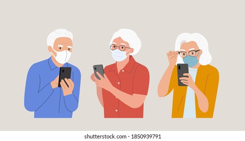 Different elderly  people  in mask look into the smartphones. Big set.Vector flat cartoon style  illustration