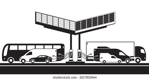 Different electric vehicles at charging station with solar panels – vector illustration