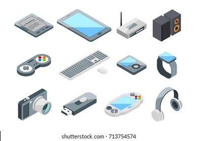 Different electronic gadgets collection. Isometric technology symbols. Vector pictures set isolate gadget and device, digital tablet equipment illustration