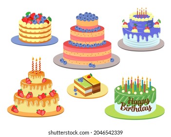 Different elegant birthday cakes vector illustrations set. Designs of chocolate cakes with decor, icing, cherries and candles isolated on white background. Pastry, party, bakery, dessert concept