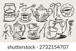 Different elegant ceramic porcelain teapots, cups of tea, plates, spoons, flower. Line art. Various ornaments. Decorative outline style. Hand drawn trendy Vector Illustration. Isolated design elements
