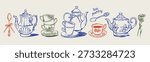 Different elegant ceramic porcelain teapots, cups of tea, plates, spoons, flower. Line art. Various ornaments. Decorative outline style. Hand drawn trendy Vector Illustration. Isolated design elements