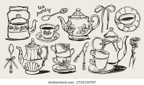 Diferentes bule de porcelana elegante, xícaras de chá, pratos, colheres, flor. Arte em linha. Vários enfeites. Estilo de contorno decorativo. Desenhado à mão na moda Ilustração de vetor. Elementos de design isolados