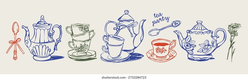 Different elegant ceramic porcelain teapots, cups of tea, plates, spoons, flower. Line art. Various ornaments. Decorative outline style. Hand drawn trendy Vector Illustration. Isolated design elements