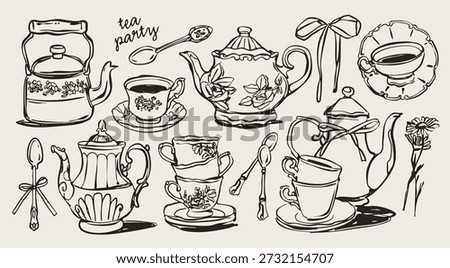 Different elegant ceramic porcelain teapots, cups of tea, plates, spoons, flower. Line art. Various ornaments. Decorative outline style. Hand drawn trendy Vector Illustration. Isolated design elements