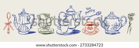 Different elegant ceramic porcelain teapots, cups of tea, plates, spoons, flower. Line art. Various ornaments. Decorative outline style. Hand drawn trendy Vector Illustration. Isolated design elements