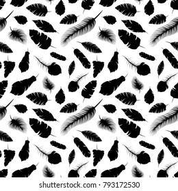 A lot of different elegant feather silhouettes, seamless pattern on white